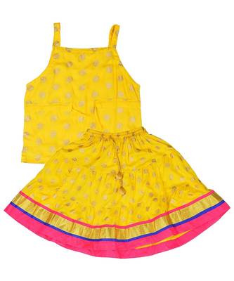 Yellow Baby Girls Skirt and Top Self Design Hand Block Gold Print 2