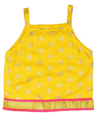 Yellow Baby Girls Skirt and Top Self Design Hand Block Gold Print 3