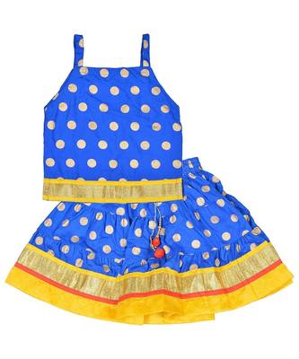 Blue Baby Girls Skirt and Top Self Design Hand Block Gold Print 1