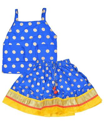 Blue Baby Girls Skirt and Top Self Design Hand Block Gold Print 2