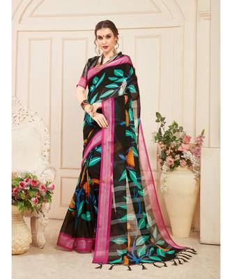 Black printed linen saree with blouse 1