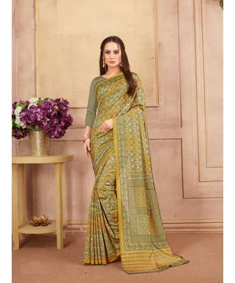 Green printed silk blend saree with blouse 1