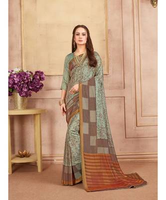 Green printed silk blend saree with blouse 1