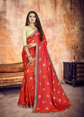 Red Embroidered Silk Designer Wedding Saree With Blouse Piece 1