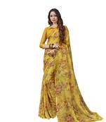 Yellow printed chiffon saree with blouse