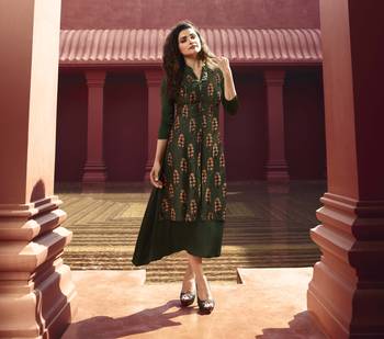 Green Printed Silk Ethnic Kurtis 1