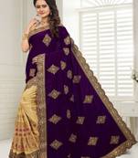 Wine embroidered velvet saree with blouse