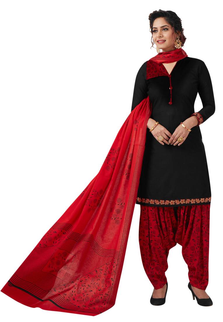 Women'S Black & Red Cotton Printed Readymade Patiyala Suit Set