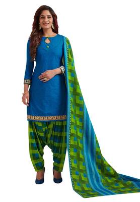 Women's Blue & Green Cotton Printed Readymade Patiyala Suit Set 1