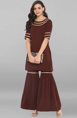 Janasya Brown plain crepe ethnic kurta with sharara 1