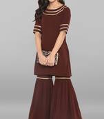 Janasya Brown plain crepe ethnic kurta with sharara