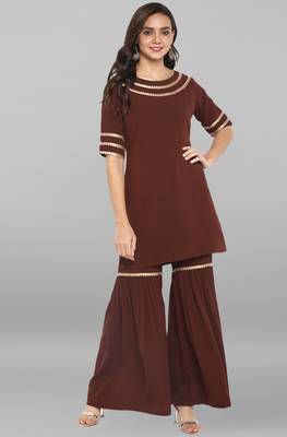 Janasya Brown plain crepe ethnic kurta with sharara 2