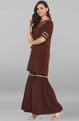 Janasya Brown plain crepe ethnic kurta with sharara 3