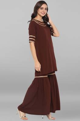 Janasya Brown plain crepe ethnic kurta with sharara 4