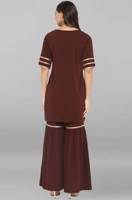 Janasya Brown plain crepe ethnic kurta with sharara 5