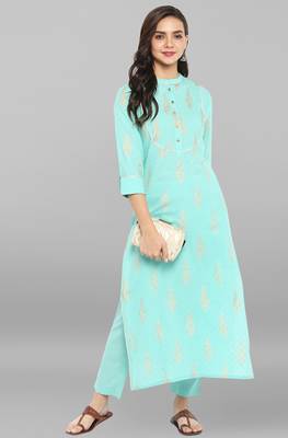 Janasya Sea-green printed cotton ethnic kurta with narrow pant 1