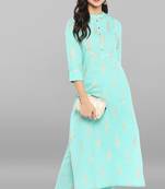 Janasya Sea-green printed cotton ethnic kurta with narrow pant