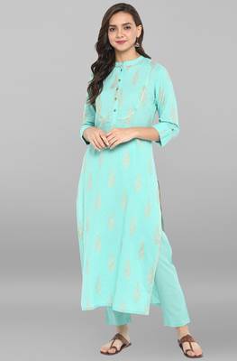 Janasya Sea-green printed cotton ethnic kurta with narrow pant 2
