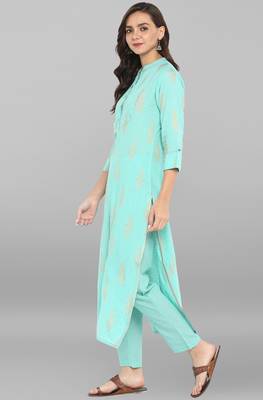 Janasya Sea-green printed cotton ethnic kurta with narrow pant 3