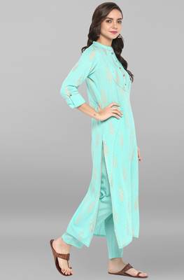 Janasya Sea-green printed cotton ethnic kurta with narrow pant 4