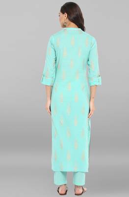Janasya Sea-green printed cotton ethnic kurta with narrow pant 5