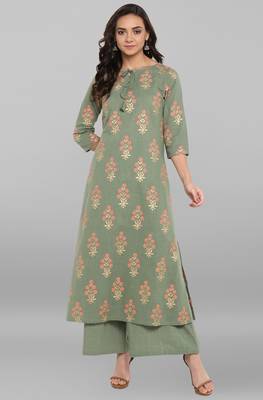 Janasya Olive printed cotton ethnic kurta with palazzo 1