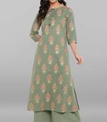 Janasya Olive printed cotton ethnic kurta with palazzo