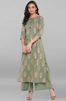 Janasya Olive printed cotton ethnic kurta with palazzo 2
