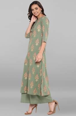 Janasya Olive printed cotton ethnic kurta with palazzo 3