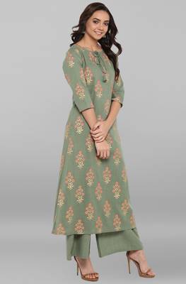 Janasya Olive printed cotton ethnic kurta with palazzo 4