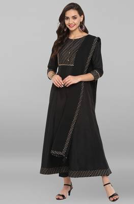 Janasya Black printed art silk ethnic kurta with narrow pant and dupatta 1