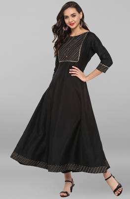 Janasya Black printed art silk ethnic kurta with narrow pant and dupatta 2