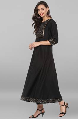 Janasya Black printed art silk ethnic kurta with narrow pant and dupatta 3