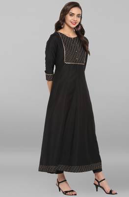 Janasya Black printed art silk ethnic kurta with narrow pant and dupatta 4