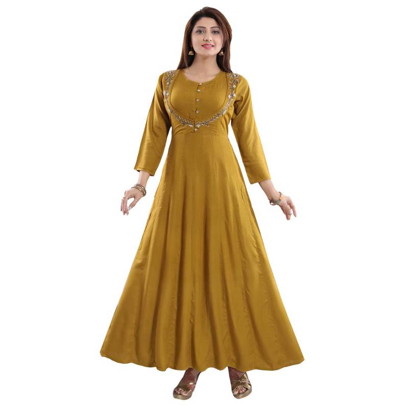 Mustard Rayon Full Sleeved Round Neck Anarkali Kurti for Women - Jessica - 2959333 Mustard Rayon Full Sleeved Round Neck Anarkali Kurti for Women - Jessica - 2959333
