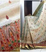 Off white art silk tussar with machine  kashida embroidery saree