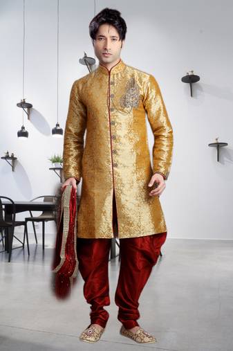 Gold Woven Jacquard Stitched Sherwani