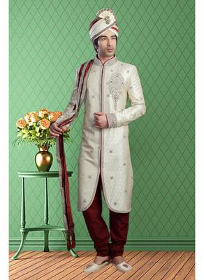 Off White Embroidered Jacquard Stitched Sherwani 1