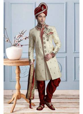 Off White Embroidered Jacquard Stitched Sherwani 1