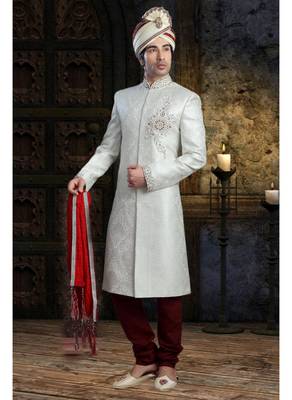 White Embroidered Jacquard Stitched Sherwani 1