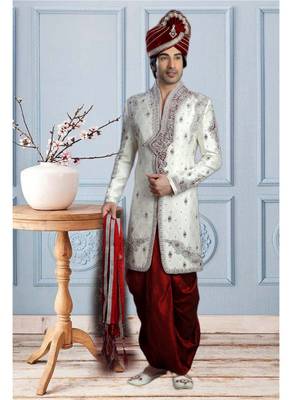 White Embroidered Jacquard Stitched Sherwani 1
