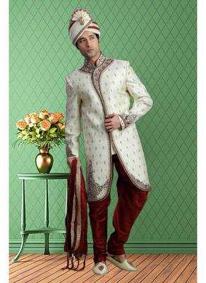 White Embroidered Jacquard Stitched Sherwani 1