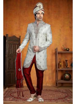White Embroidered Jacquard Stitched Sherwani 1