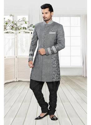 Grey Plain Linen Stitched Sherwani 1