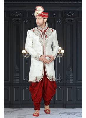 Off White Embroidered Jacquard Stitched Sherwani 1