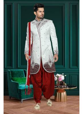 Off White Embroidered Jacquard Stitched Sherwani 1
