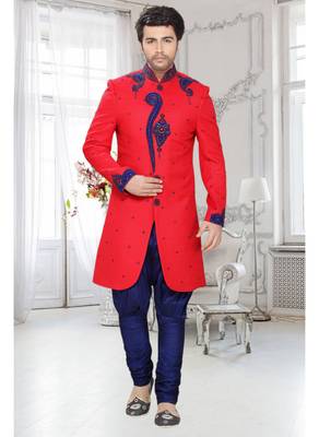 Red Embroidered Art Silk Stitched Sherwani 1
