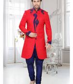 Red Embroidered Art Silk Stitched Sherwani