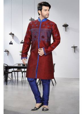 maroon embroidered art silk stitched sherwani 1
