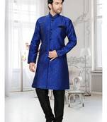Blue Woven Jacquard Stitched Sherwani